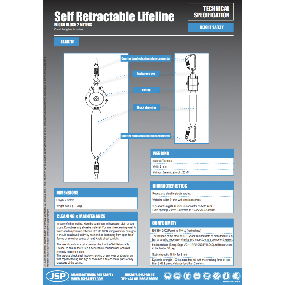 2M RETRACTRABLE FALL LIMITER C/W 2 CARABINERS FAR0701