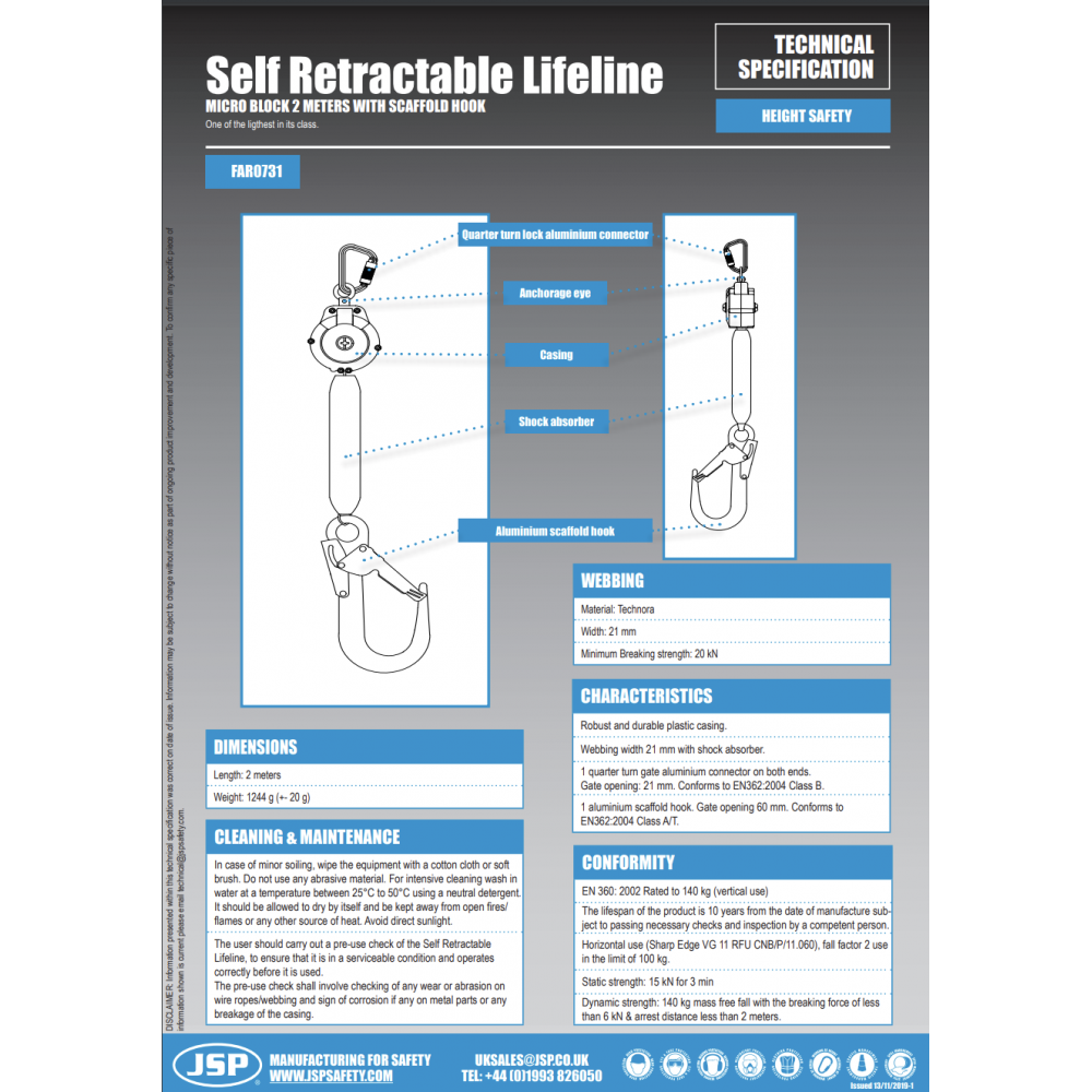 2MTR RETACTABLE FALL LIMITER C/W SCAFF HOOK