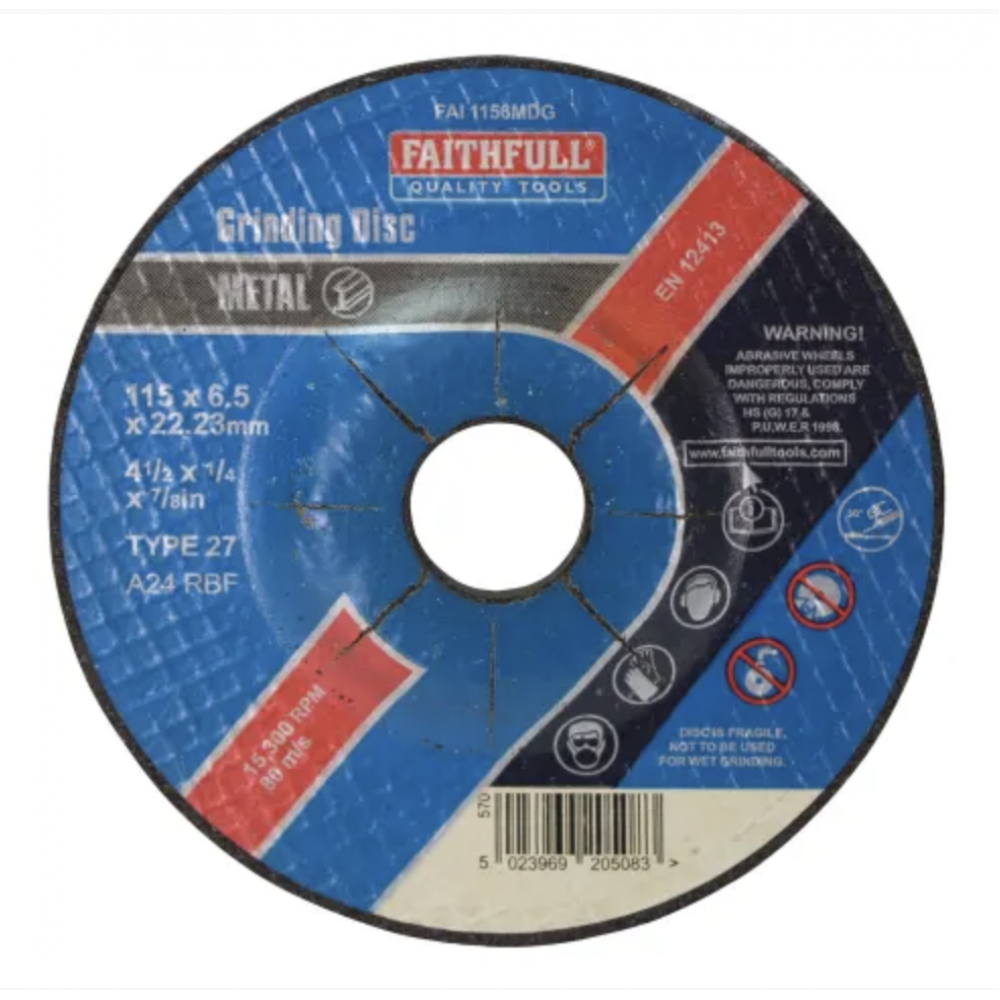 FAITHFULL D/CENTRE METAL GRINDING DISK 115 x 6.5 x 22.23MM