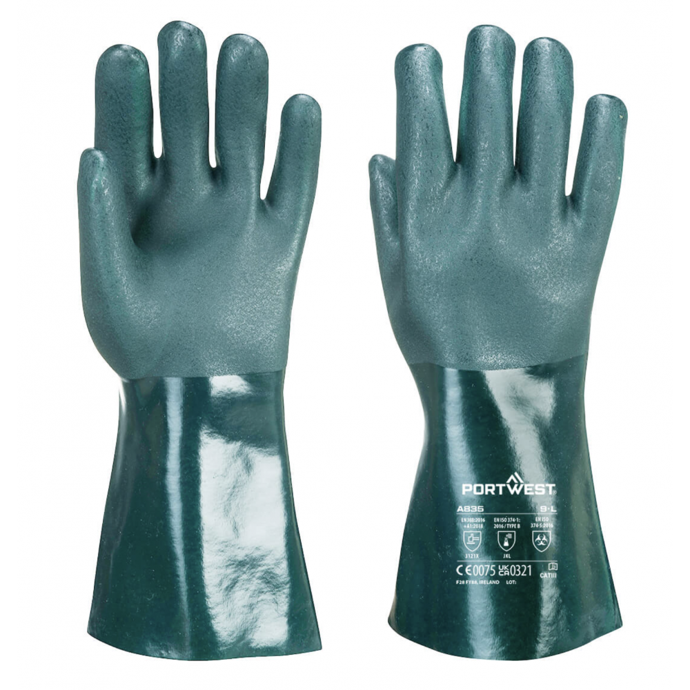 A835 DOUBLE DIPPED  PVC GAUNTLET 35CM (MED LENGHT) GREEN XL