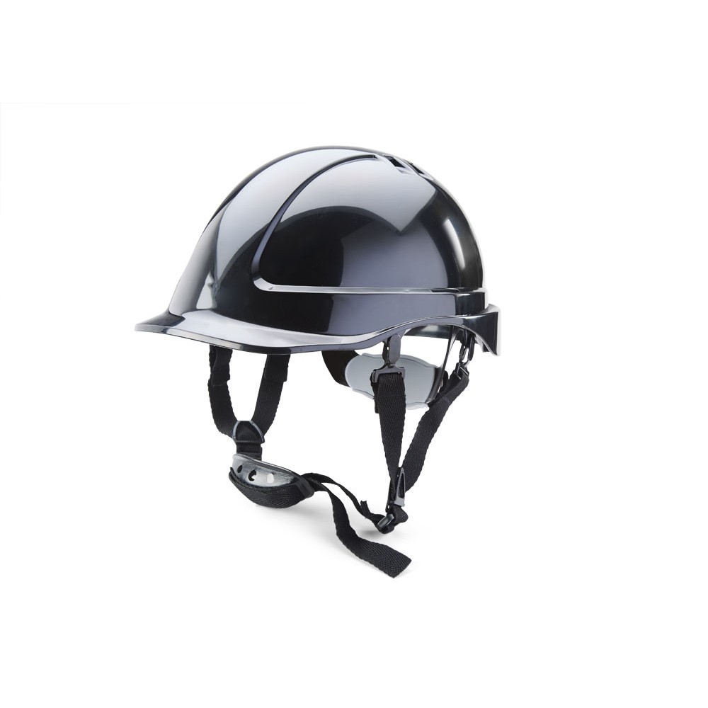 SAFETY HELMET BLACK REDUCED PEAK C/W CHIN STRAP
