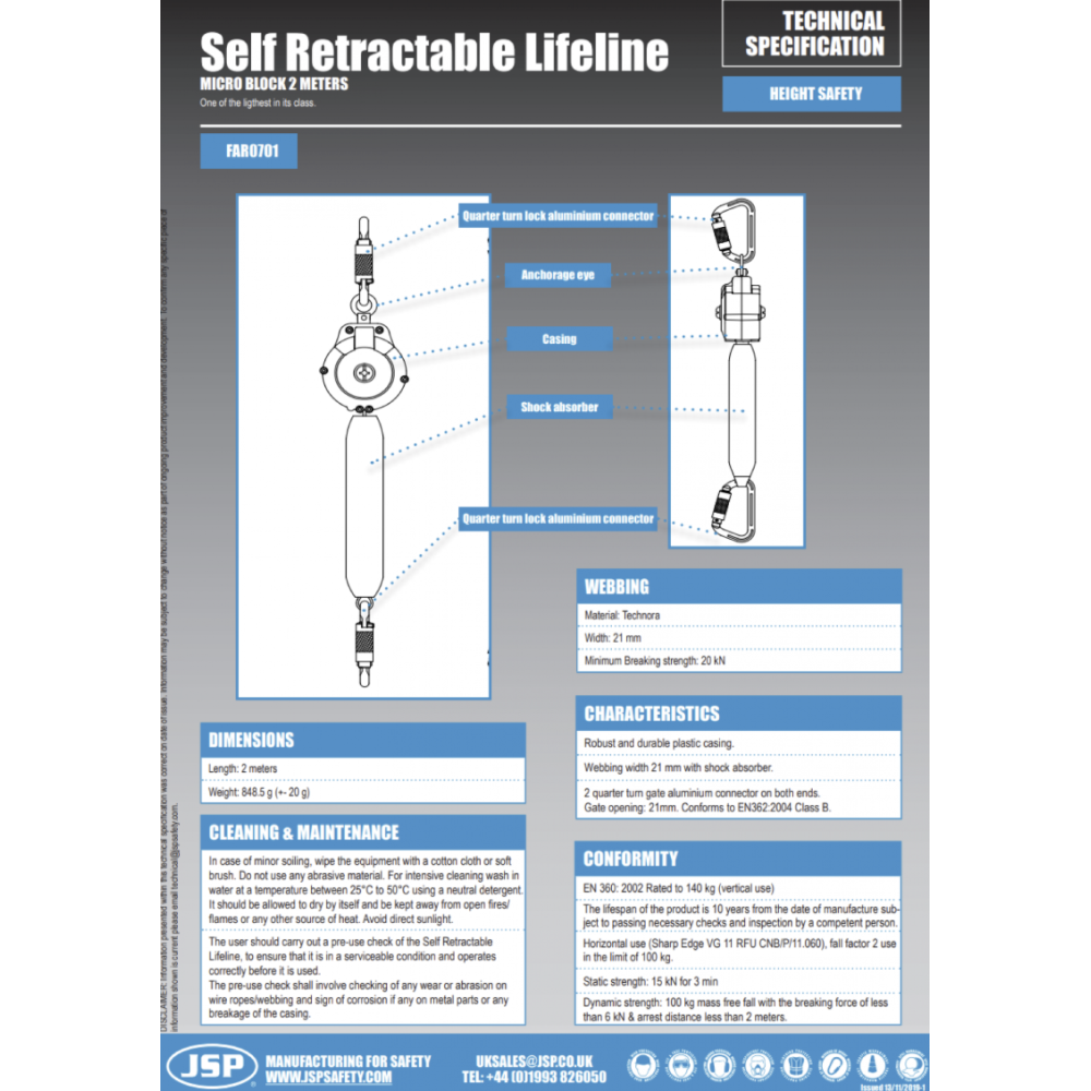 2M RETRACTRABLE FALL LIMITER C/W 2 CARABINERS FAR0701