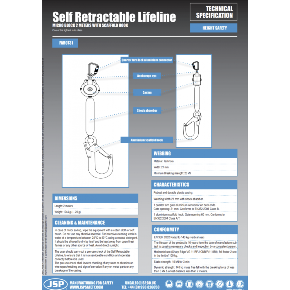 2MTR RETACTABLE FALL LIMITER C/W SCAFF HOOK